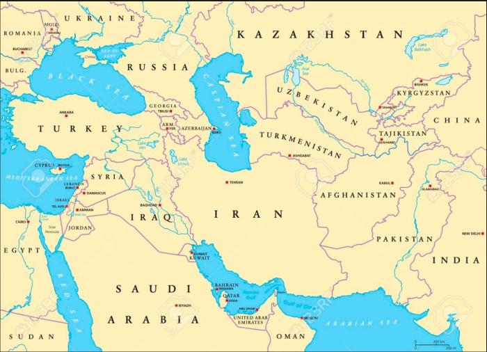 Southwest asia bodies of water map