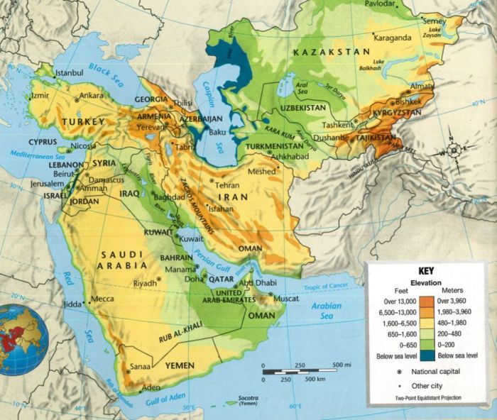 Southwest asia bodies of water map